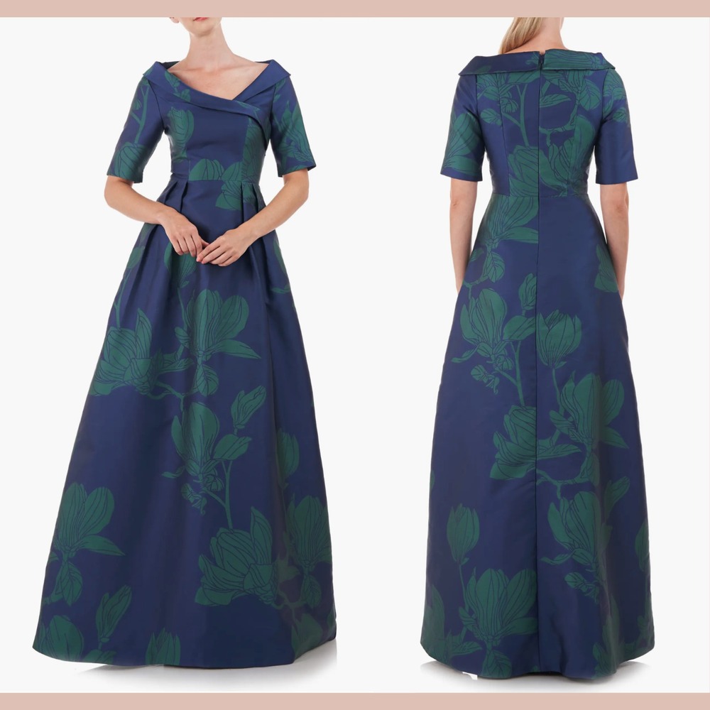 NWT $398 Kay Unger [ 2 ] Floral Coco A Line Gown in Marine Blue/Jade Green J2051
